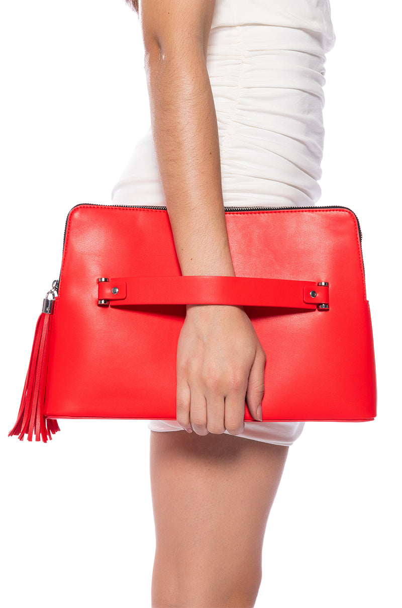 Front View London Calling Faux Leather Clutch In Red 0