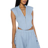 Front View Londyn Sleeveless Zip Up Corset Sweatshirt In Blue