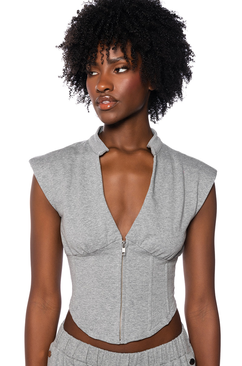 Front View Londyn Sleeveless Zip Up Corset Sweatshirt