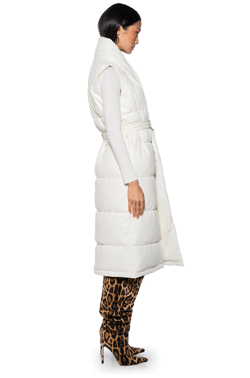 Back View Long Puffer Vest With Belt In White 2