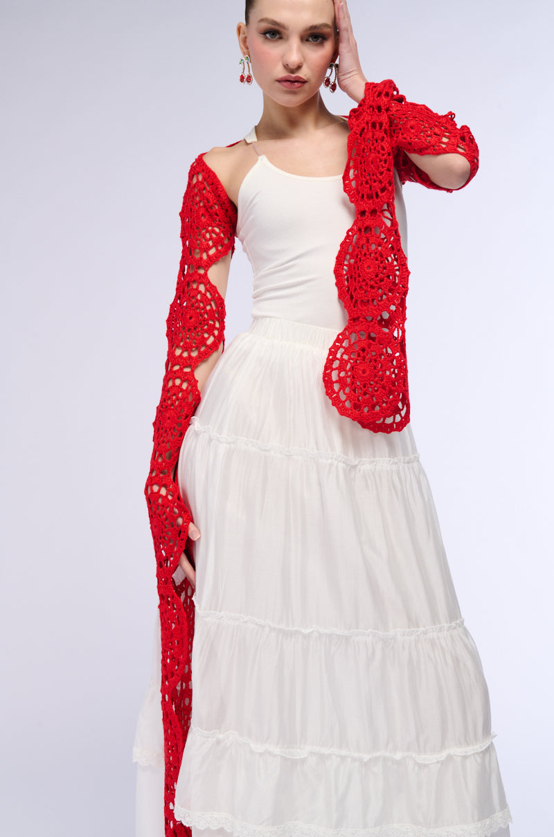 LONG SLEEVE CROCHET BOLERO IN RED view 0