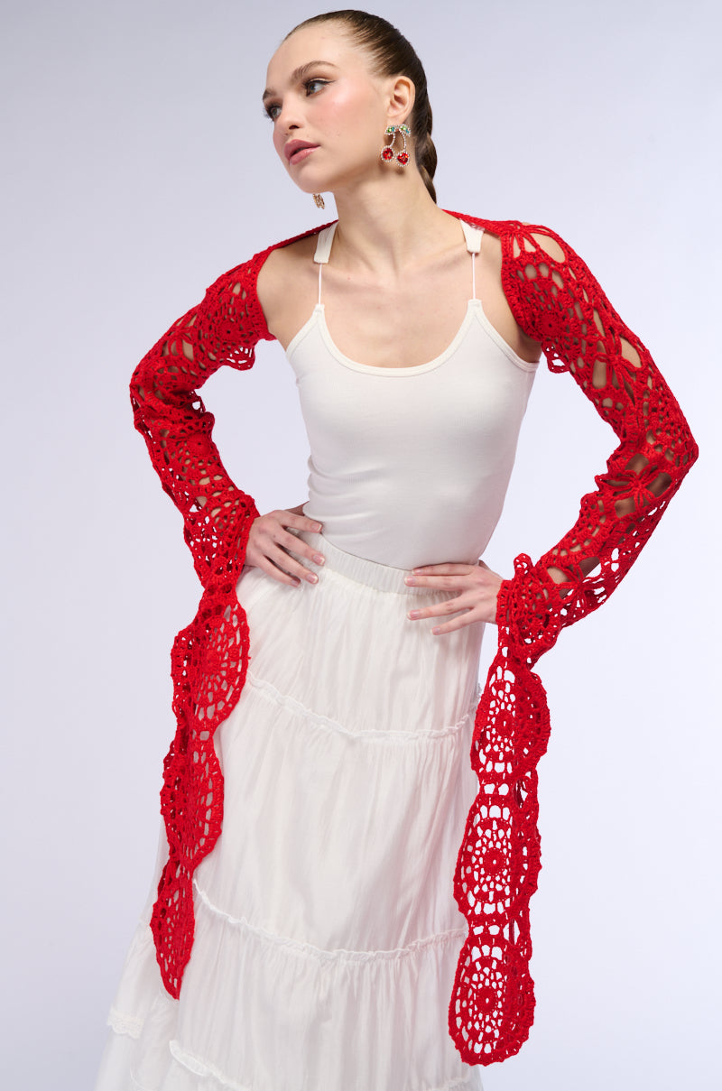 Back View Long Sleeve Crochet Bolero In Red