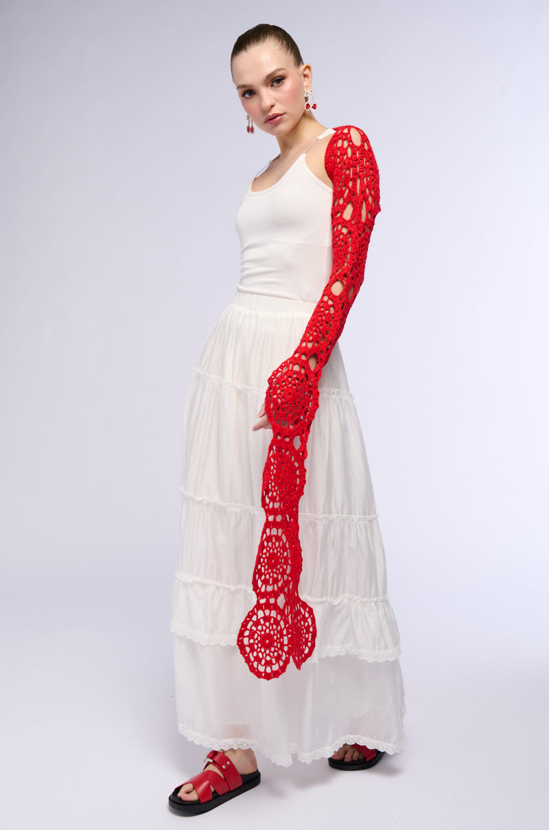 Full View Long Sleeve Crochet Bolero In Red