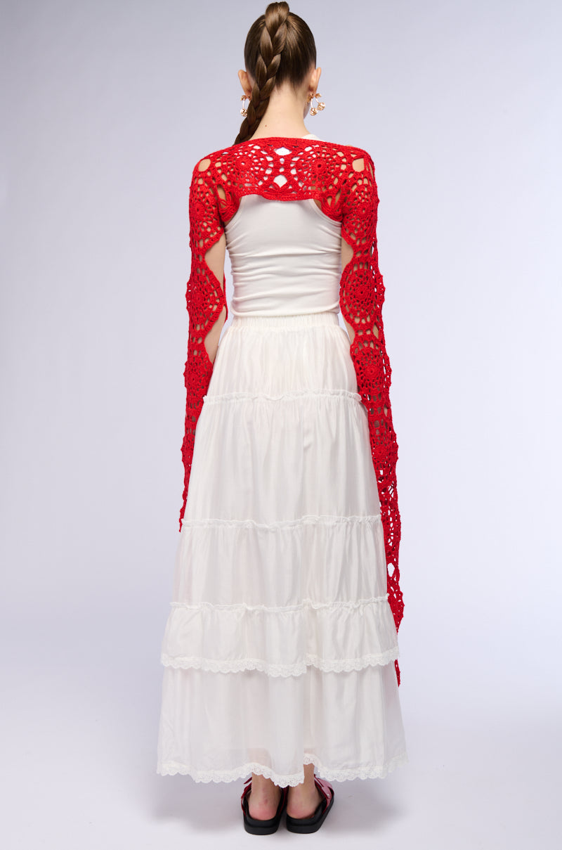 Extra View Long Sleeve Crochet Bolero In Red