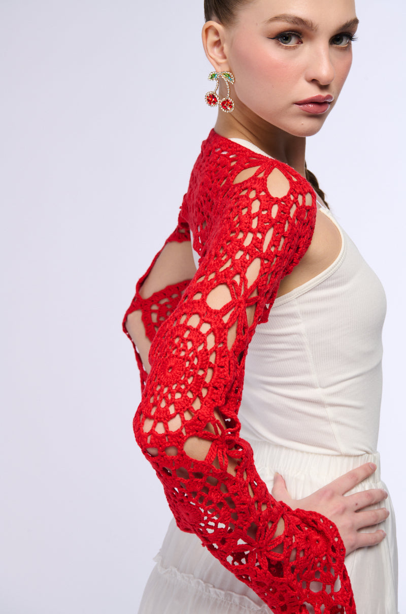 Extra View Long Sleeve Crochet Bolero In Red