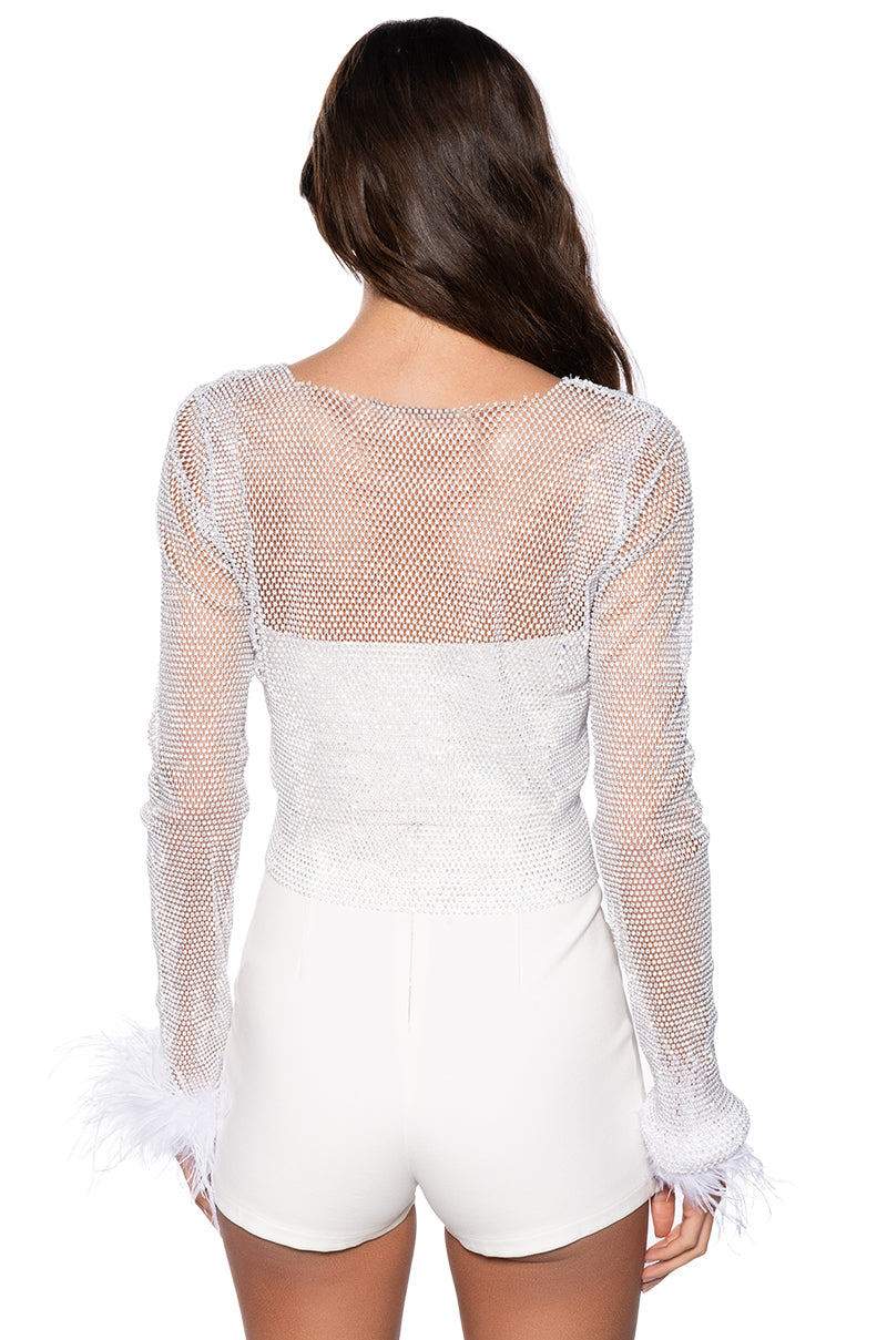 Full View Long Sleeve Feather Cuff Rhinestone Top In White