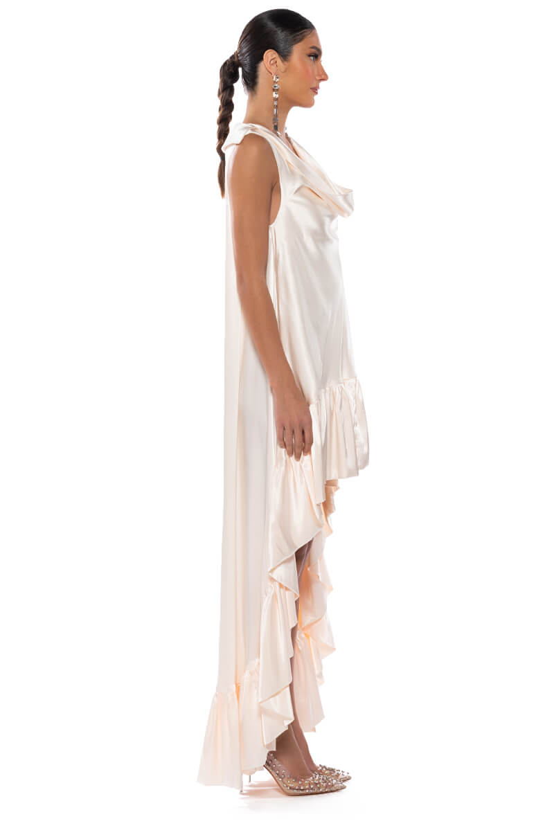 Full View Lonnie Cowl Neck High Low Satin Midi Dress 4