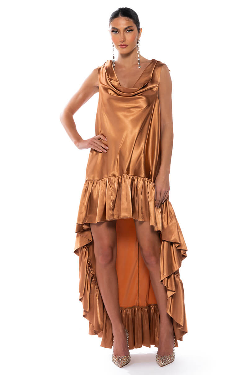 Front View Lonnie Cowl Neck High Low Satin Midi Dress