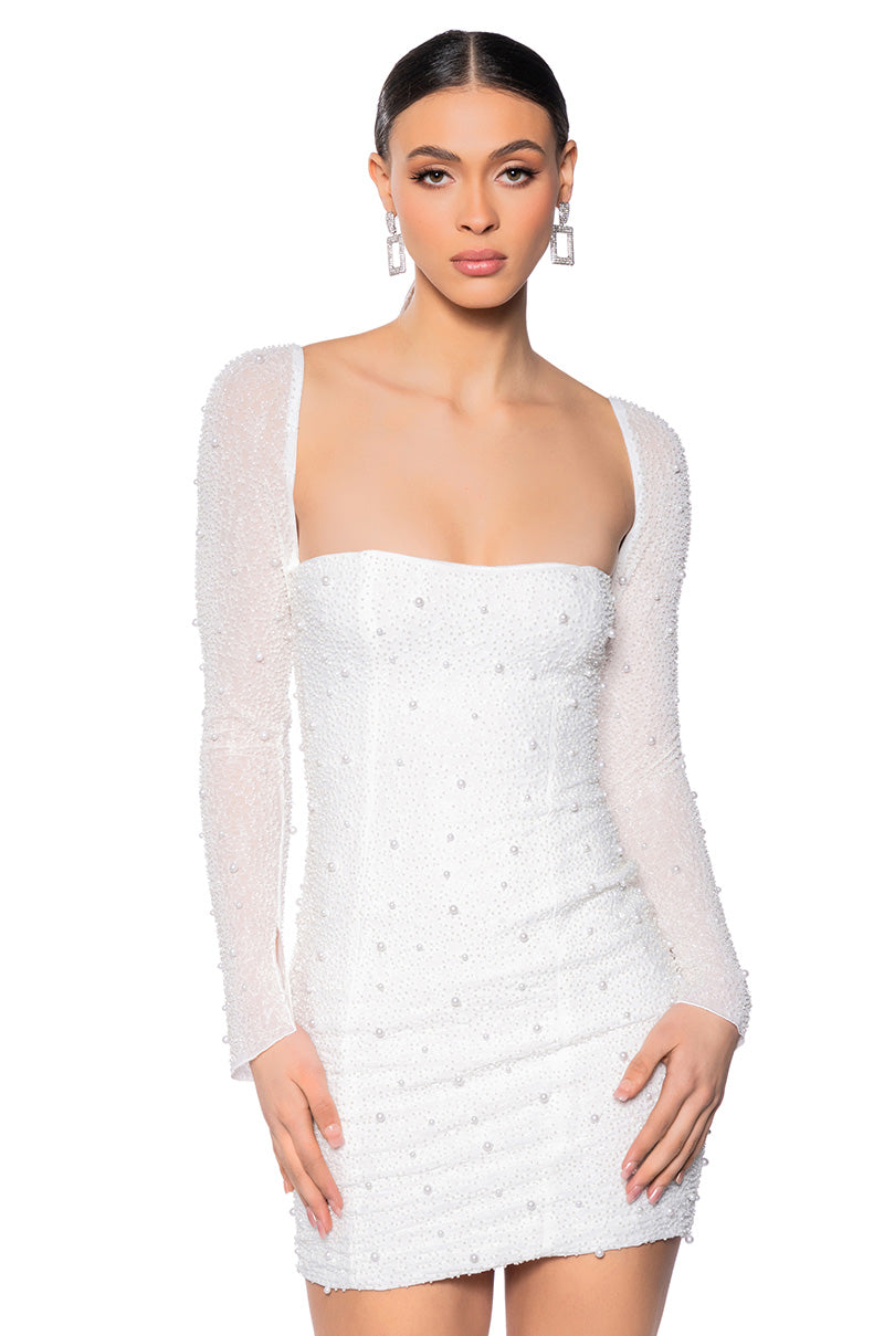 long sleeve embellished a-line mini dress LOOK EXPENSIVE LONG SLEEVE EMBELLISHED MINI DRESS AKIRA