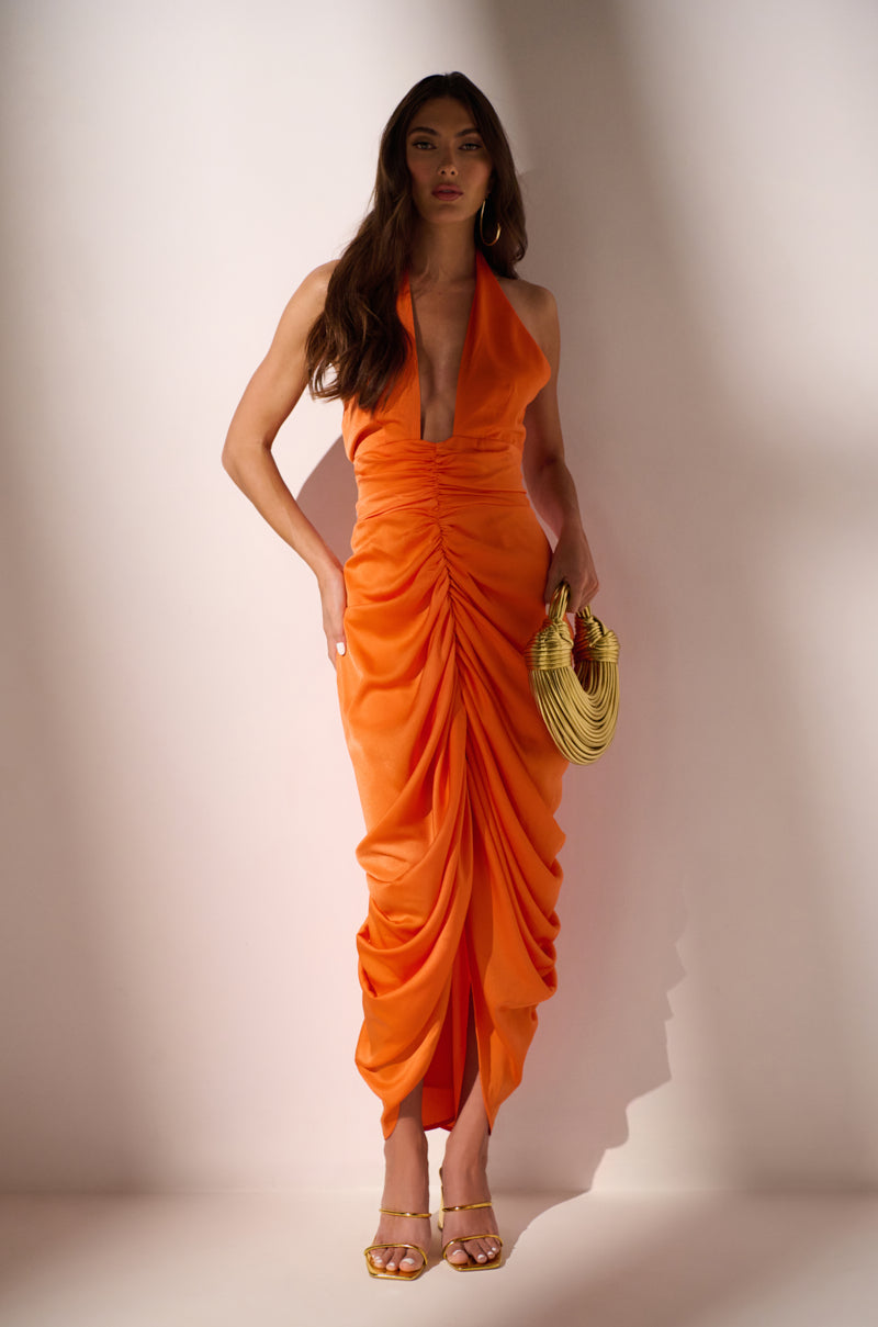 orange ruched midi dress Ruched Mesh Strapless Midi Dress