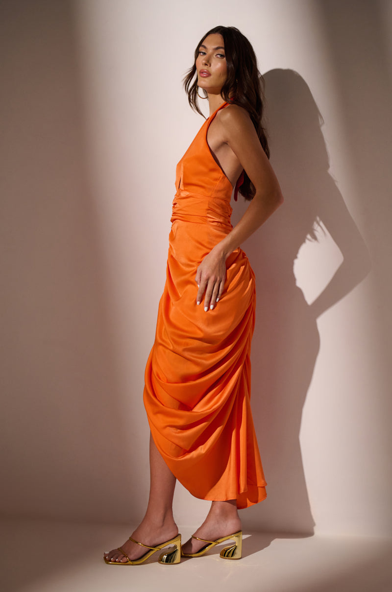 LOOK TWICE RUCHED MIDI DRESS IN ORANGE AKIRA LOOK TWICE RUCHED MIDI DRESS IN ORANGE AKIRA
