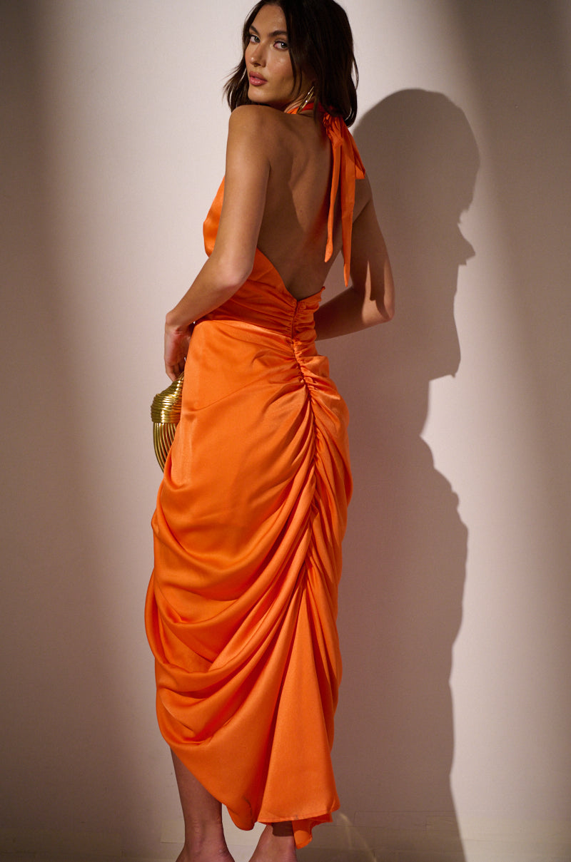Extra View Look Twice Ruched Midi Dress In Orange