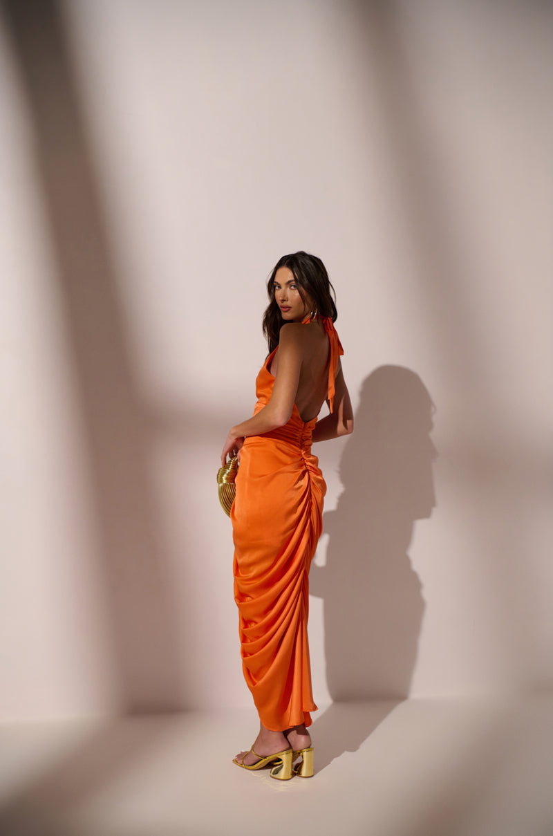 LOOK TWICE RUCHED MIDI DRESS IN ORANGE AKIRA LOOK TWICE RUCHED MIDI DRESS IN ORANGE AKIRA