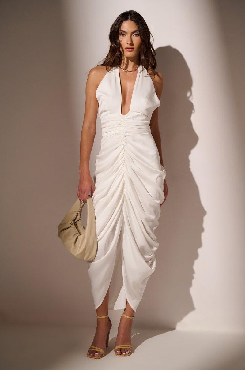 ruched midi white dress White Strapless Ruched Midi Dress