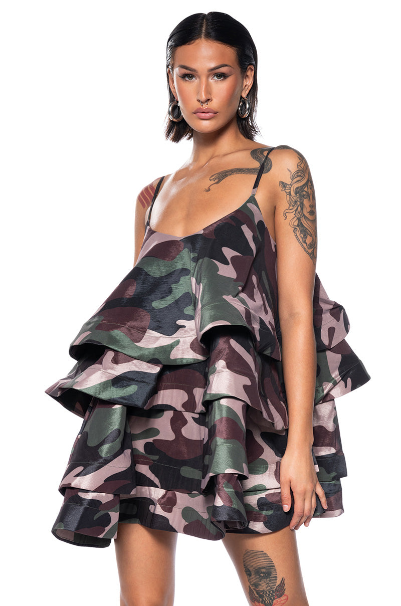 Front View Looking For Lust Ruffle Mini Dress In Camo