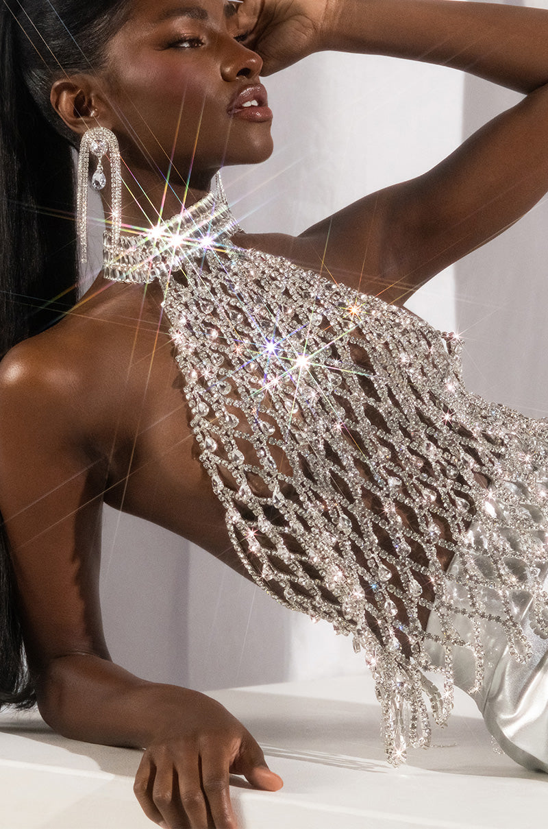 LOREN RHINESTONE HALTER NECK TOP IN SILVER AKIRA LOREN RHINESTONE HALTER NECK TOP IN SILVER AKIRA