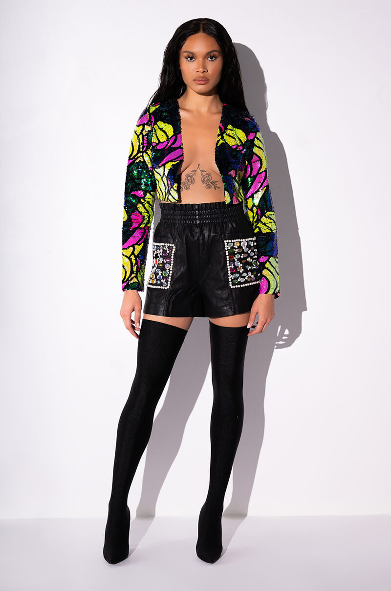 Extra View Lorie Gem Embellished Faux Leather Shorts