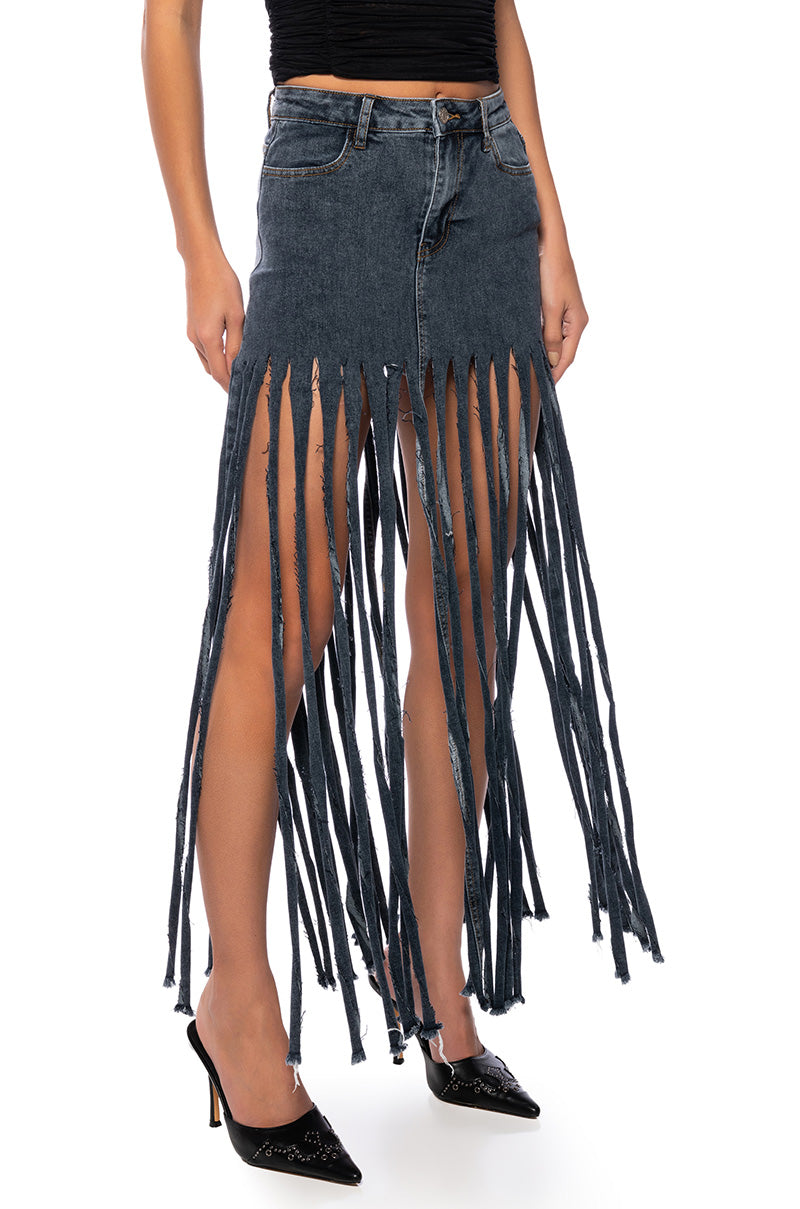 Front View Lost At Sea Fringe Denim Maxi Skirt