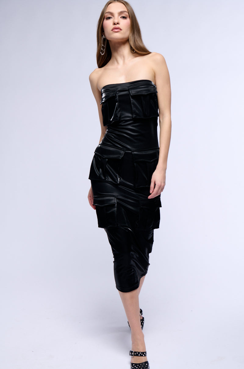 Side View Lost Cargo Faux Leather Midi Dress