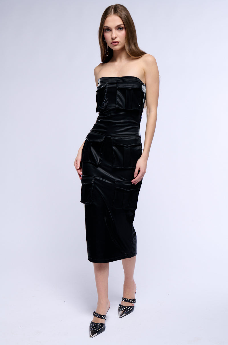 Back View Lost Cargo Faux Leather Midi Dress