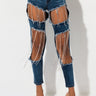 Front View Lost Control Distressed Mid Rise Skinny Jeans in Medium Blue Denim