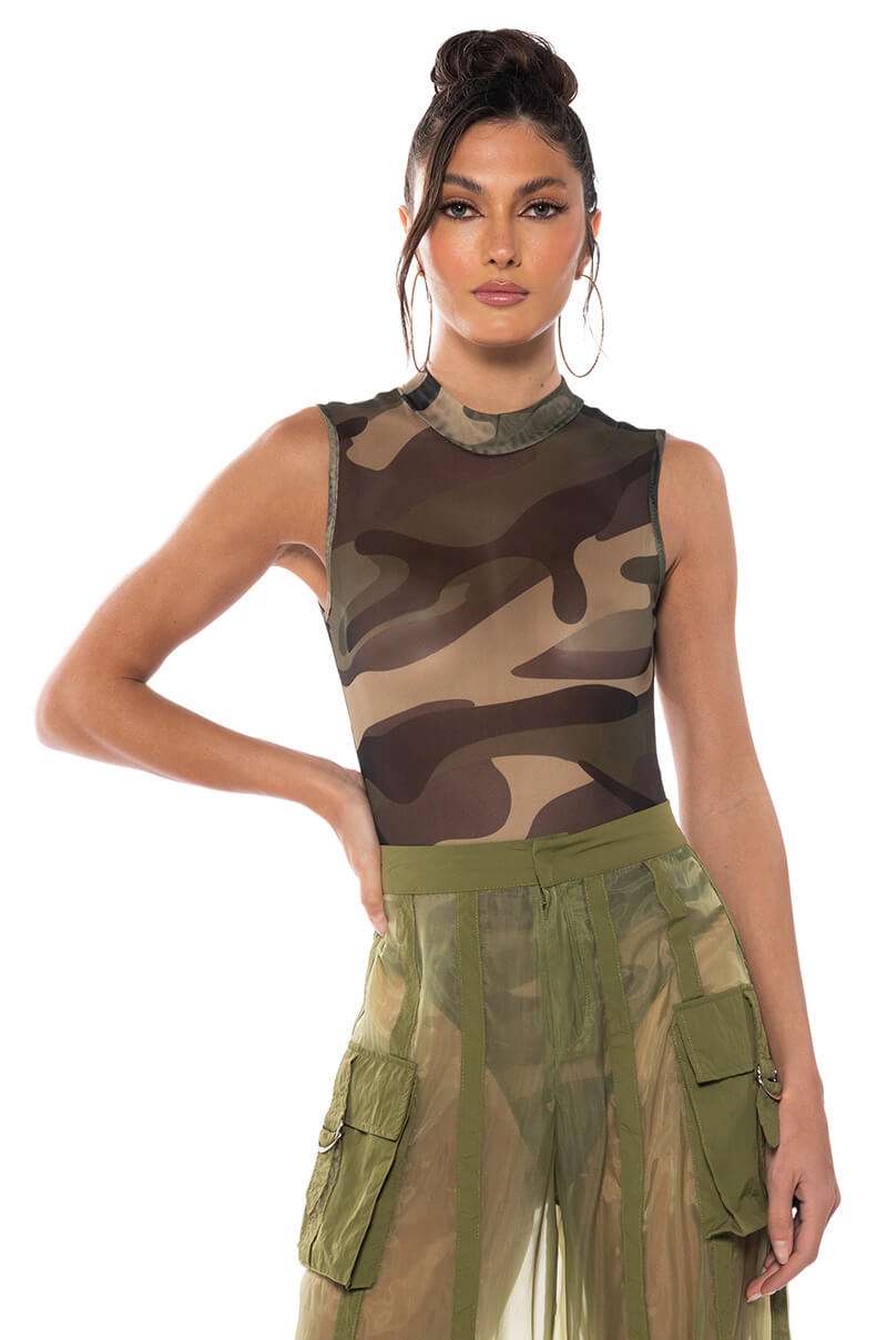 Front View Lost In Life Sleeveless Mesh Bodysuit