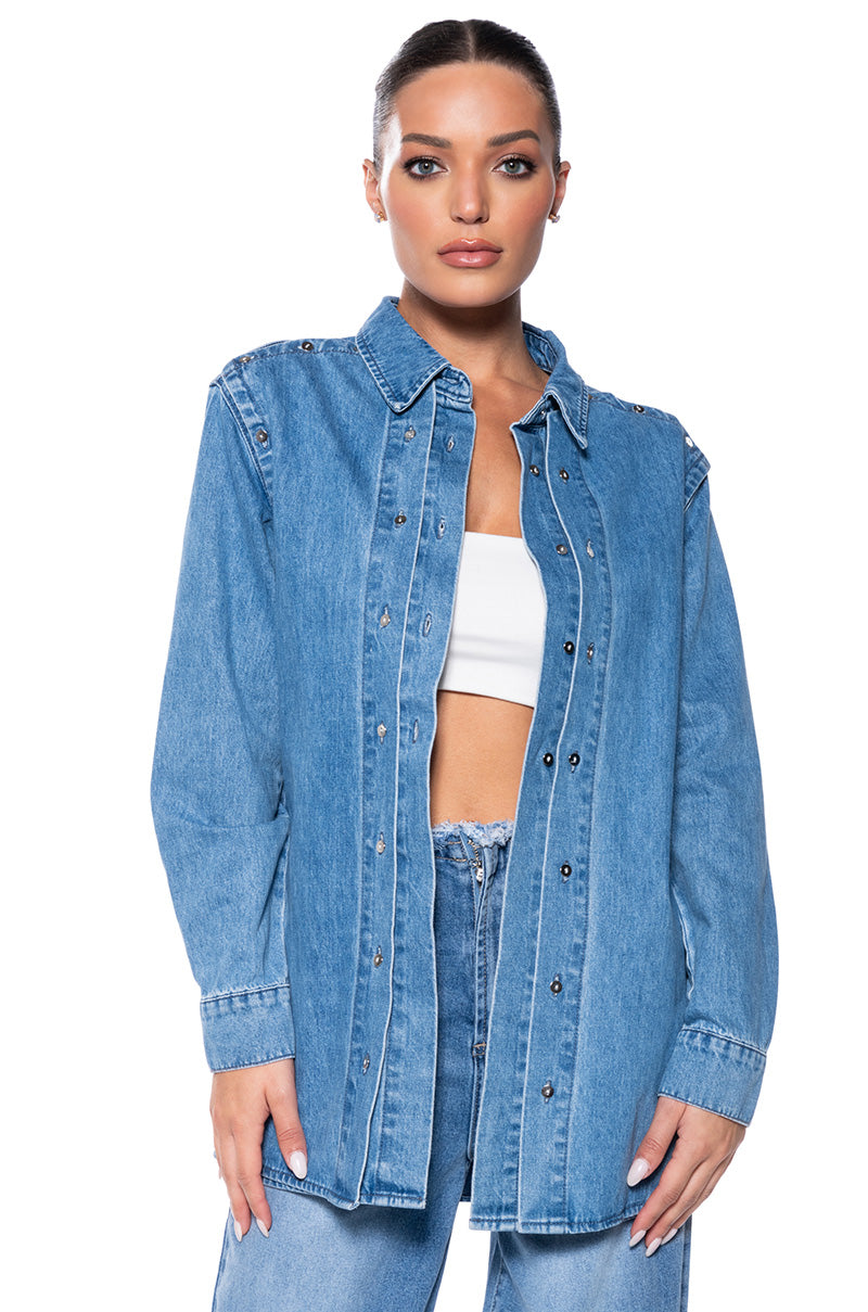 Front View Lost In My Ways Button Down Denim Shirt