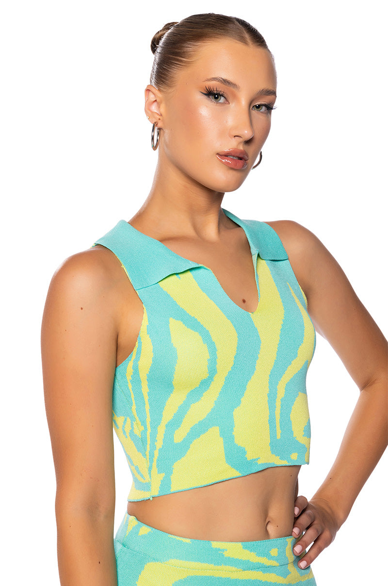 Front View Lost In Time Collared Knit Tank Top In Blue Multi