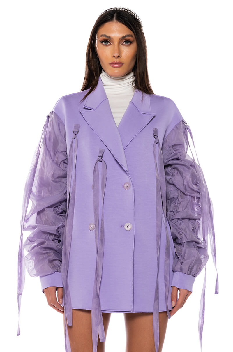 Front View Lotus Flower Bomb Ruched Arm Scuba Blazer