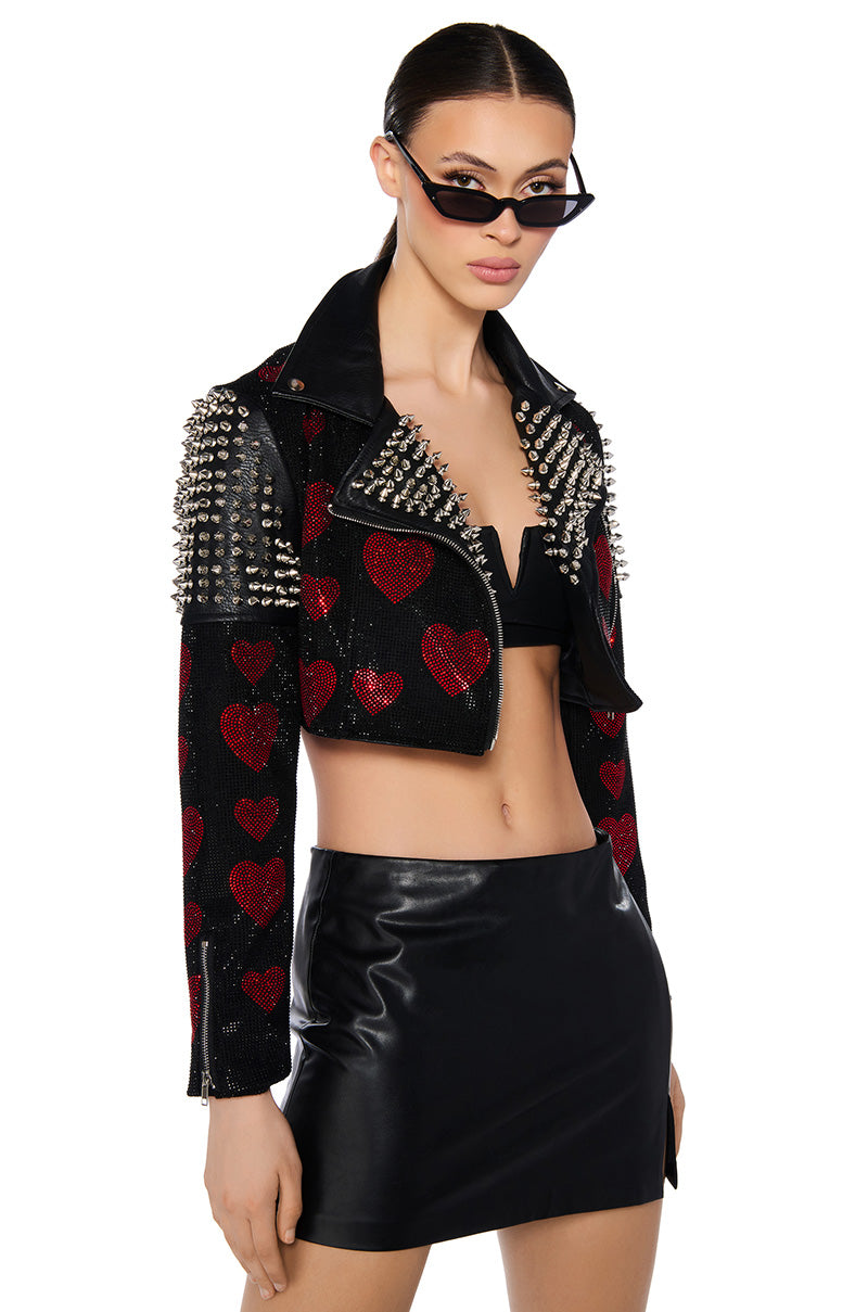 Front View Love Everyone Hot Fix Moto Jacket