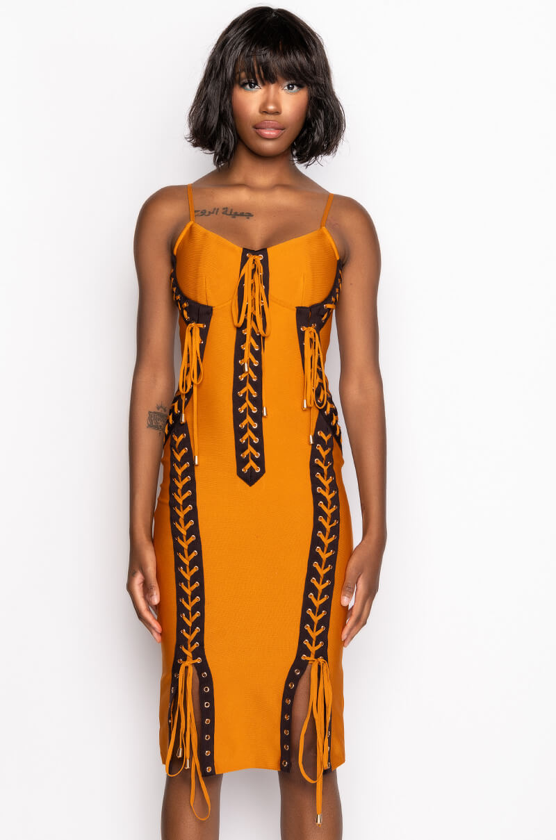 LOVE IT LACE UP MIDI DRESS DARK YELLOW AKIRA LOVE IT LACE UP MIDI DRESS DARK YELLOW AKIRA