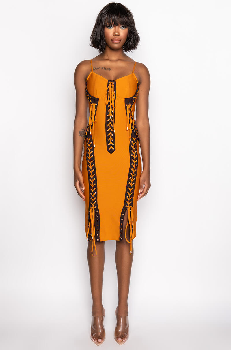 LOVE IT LACE UP MIDI DRESS DARK YELLOW AKIRA LOVE IT LACE UP MIDI DRESS DARK YELLOW AKIRA