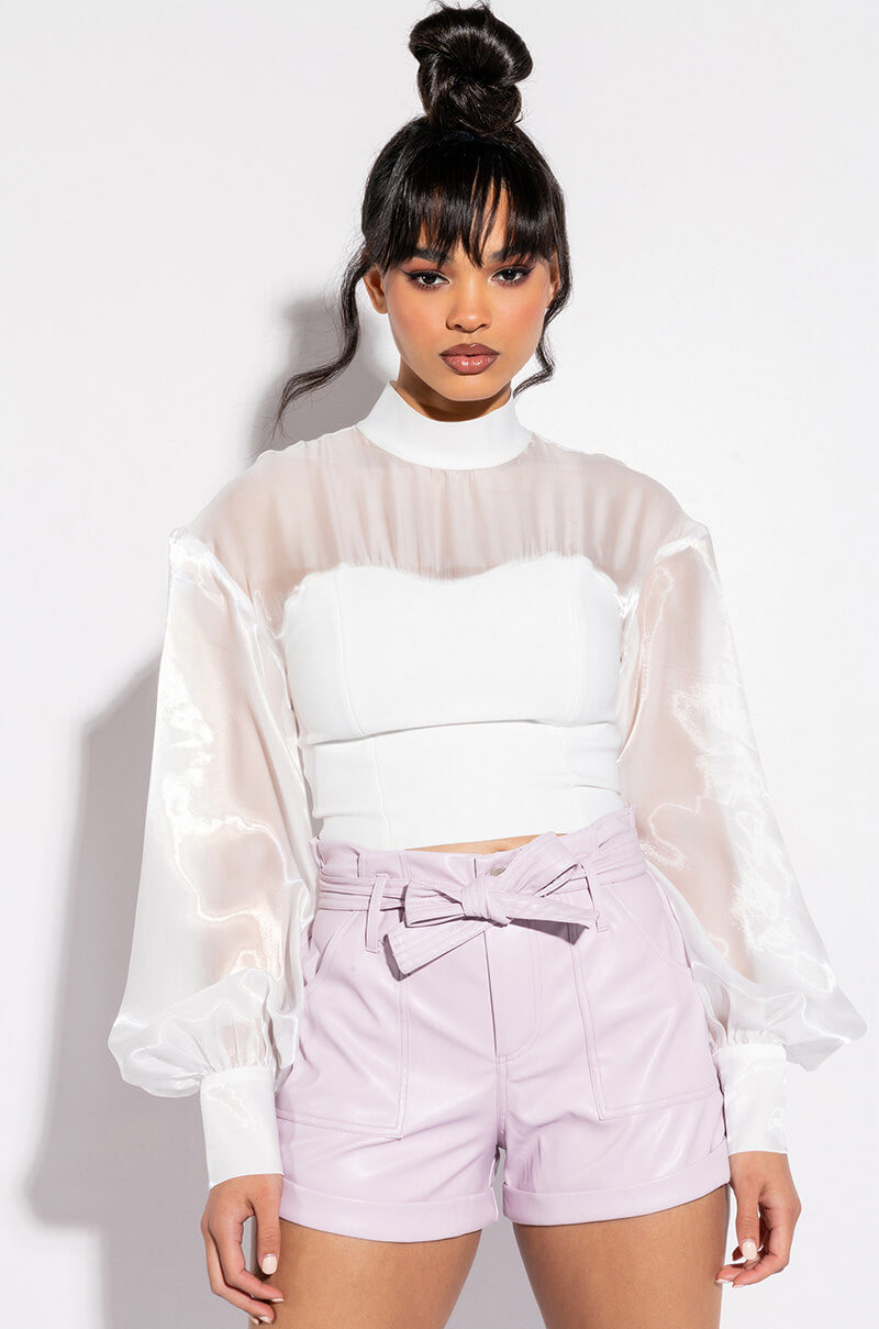 Front View Love Language Bandage Blouse With Organza Sleeves