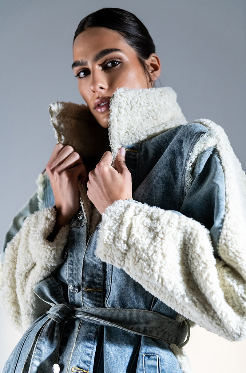Front View Love On Top Belted Teddy Detail Coat