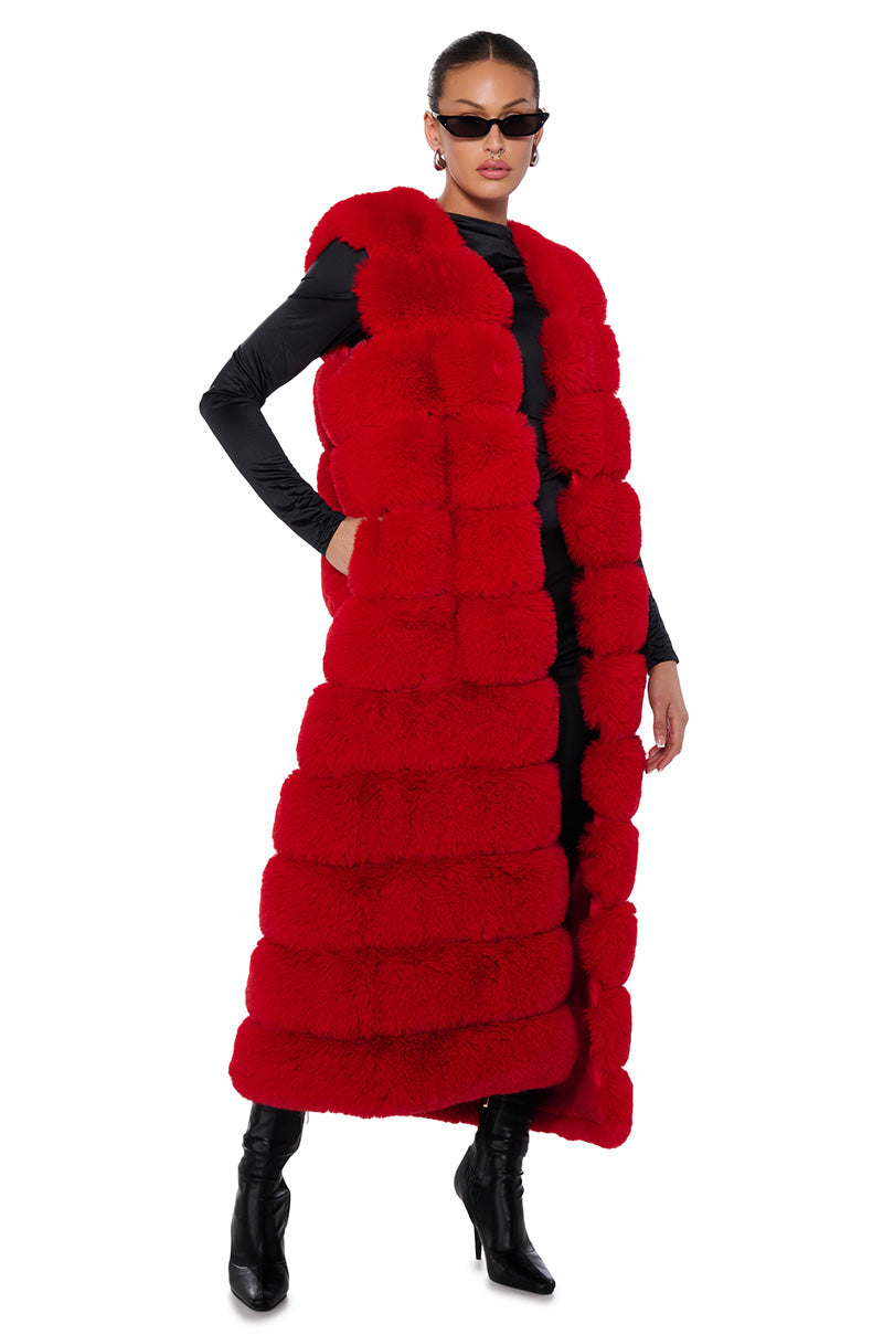 Front View Love The Future Faux Fur Vest In Red