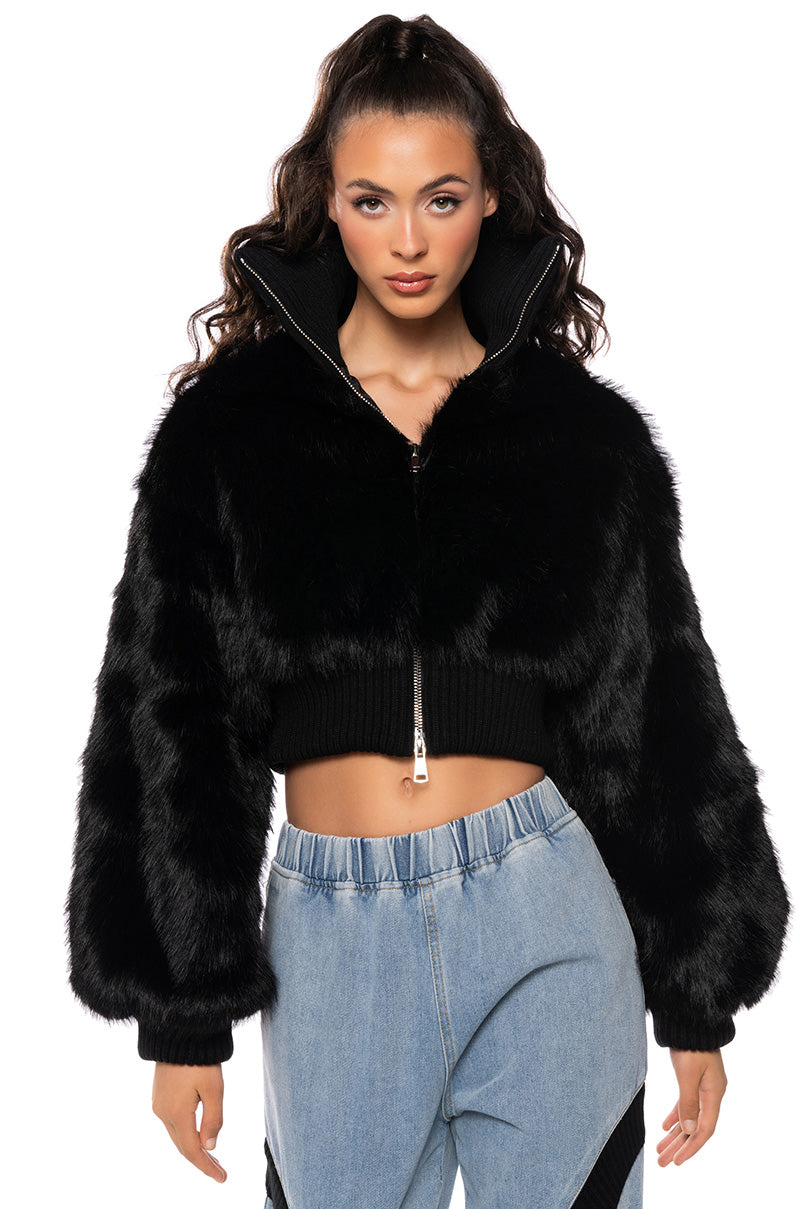 Front View Love You Better Faux Fur Rib Trim Jacket