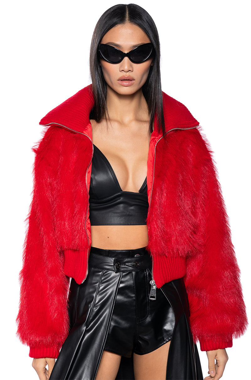 Front View Love You Better Faux Fur Rib Trim Jacket