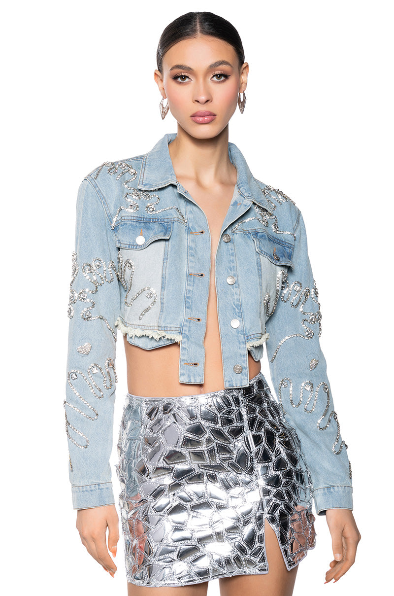 Front View Love You Say It Back Crop Denim Jacket 0