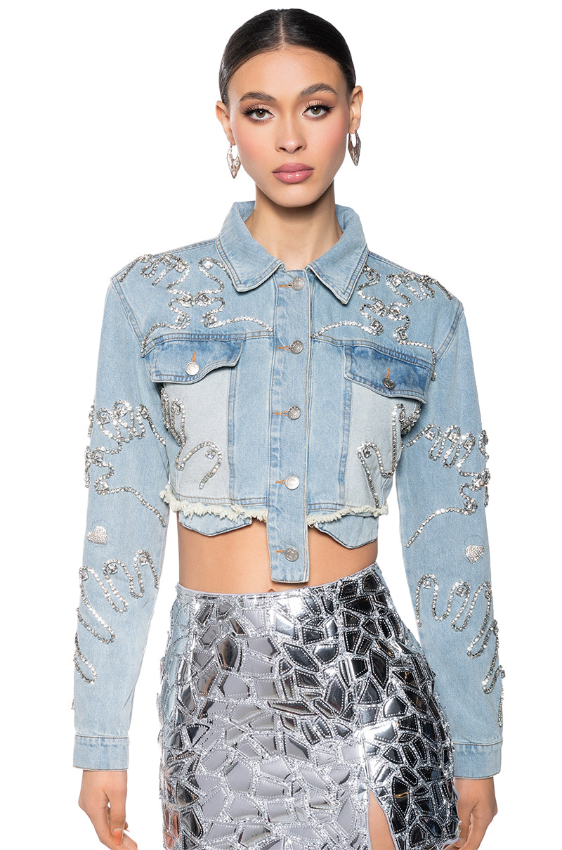 Side View Love You Say It Back Crop Denim Jacket 1
