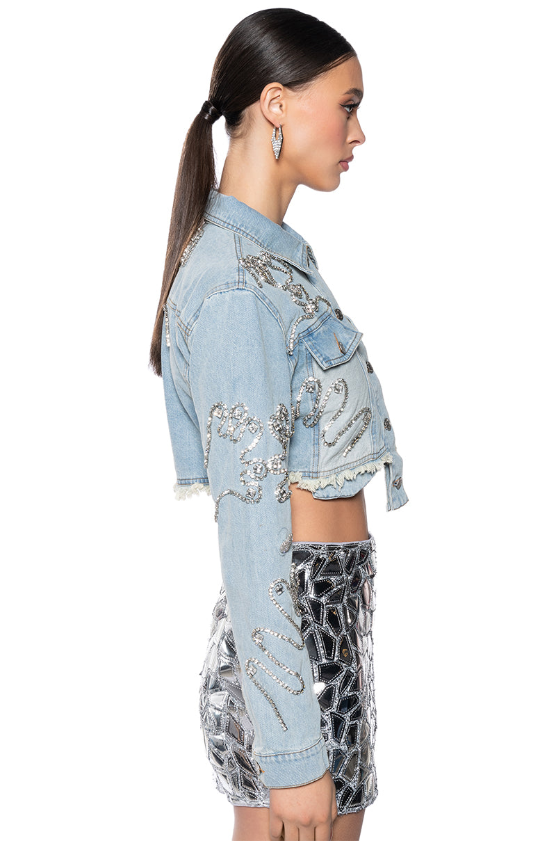 Detail View Love You Say It Back Crop Denim Jacket 3