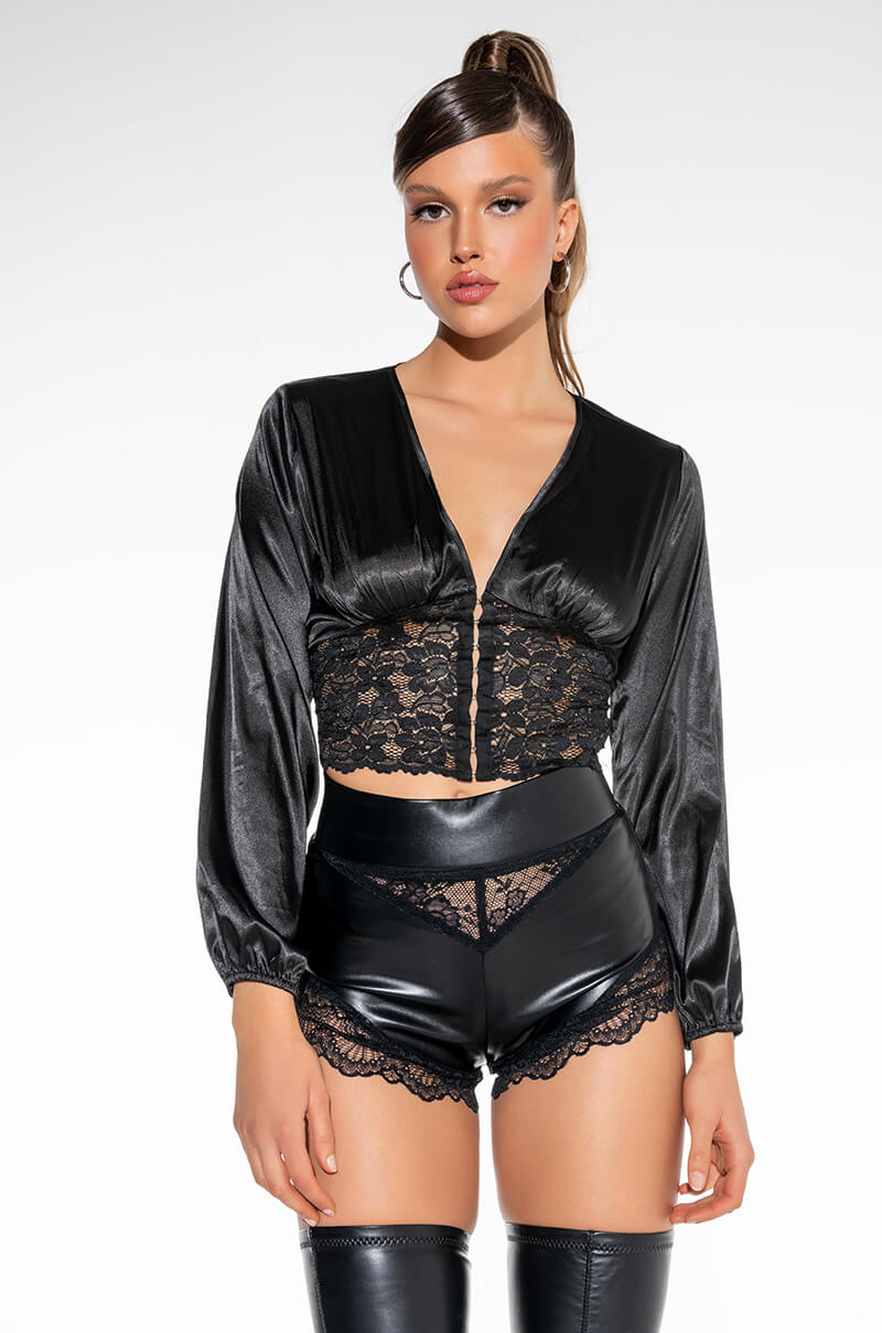 Front View Lover Girl Lace Detail Cropped Satin Blouse