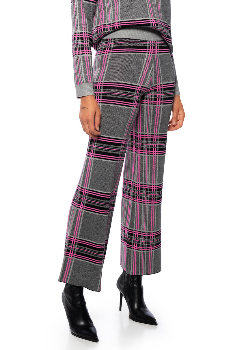 Front View Lover Girl Plaid Wide Leg Knit Pant