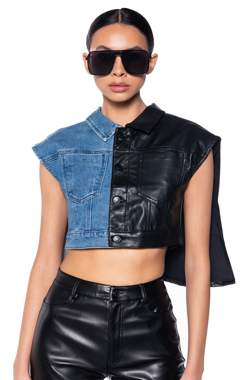 Front View Low Rider Half Pu Crop Denim Vest With Cape