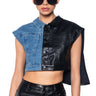 Front View Low Rider Half Pu Crop Denim Vest With Cape