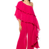 Front View Lucia Pleated Ruffle One Shoulder Jumpsuit In Coral