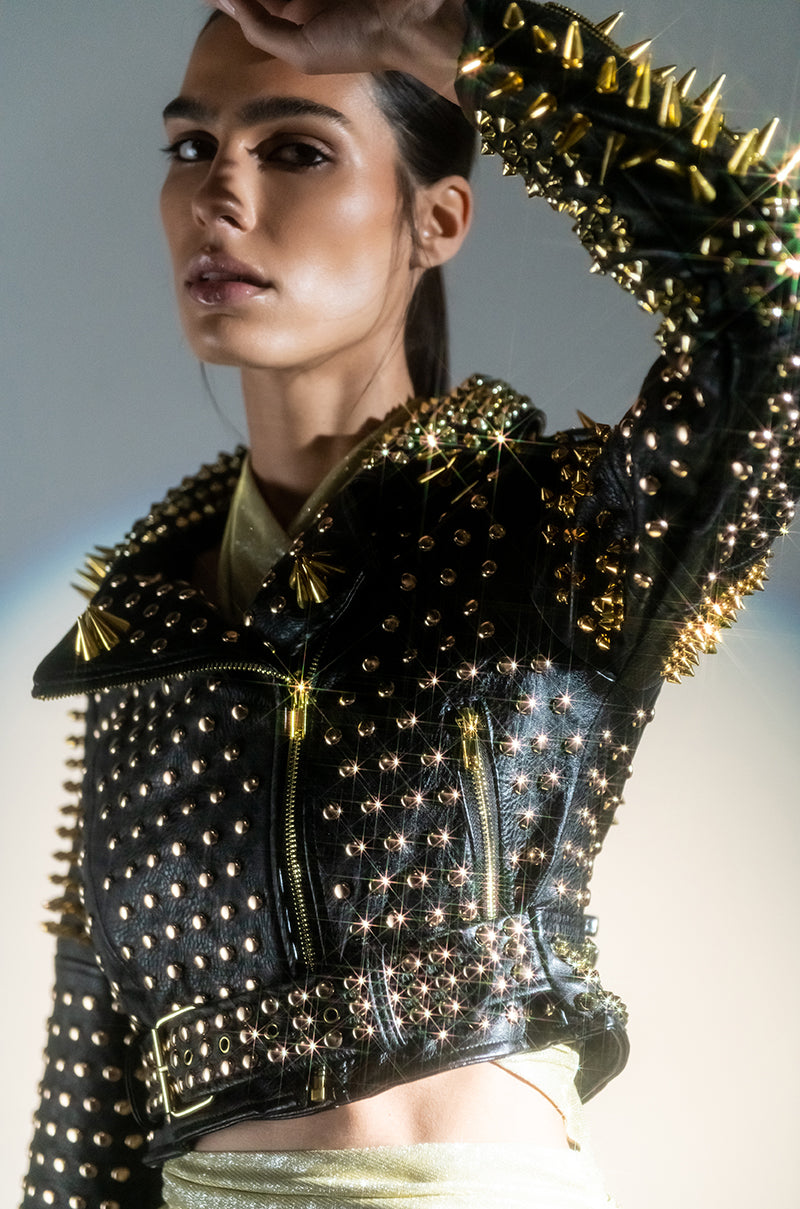 Front View Lucifer Gold Spike Stud Moto Jacket