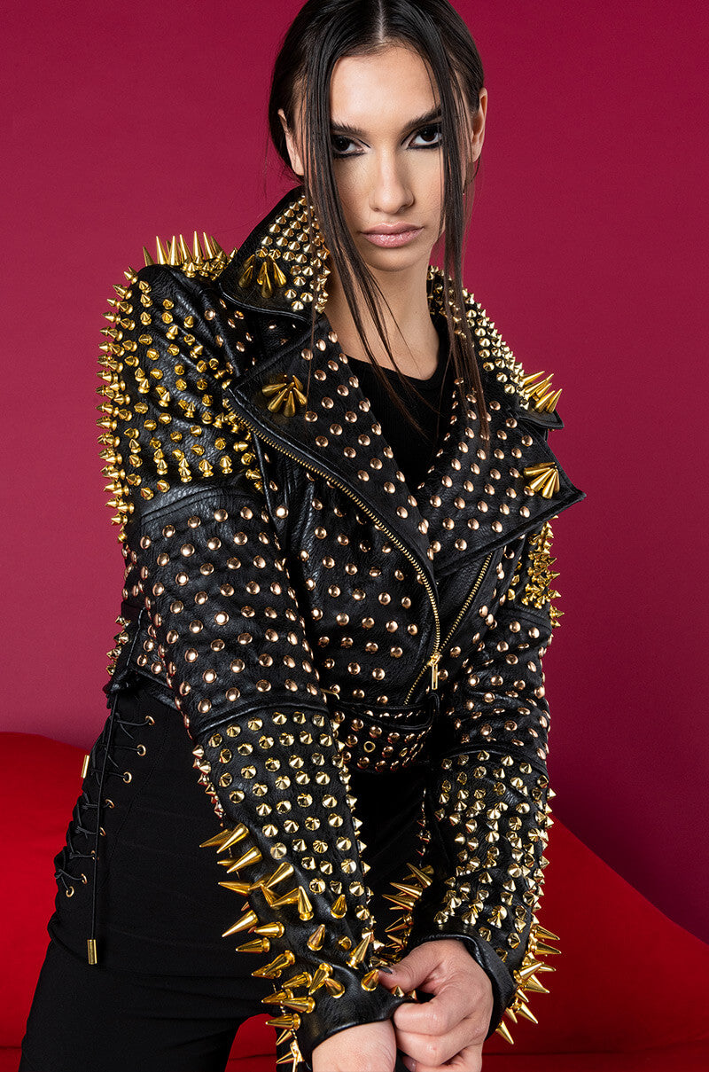 Front View Lucifer Gold Spike Stud Moto Jacket