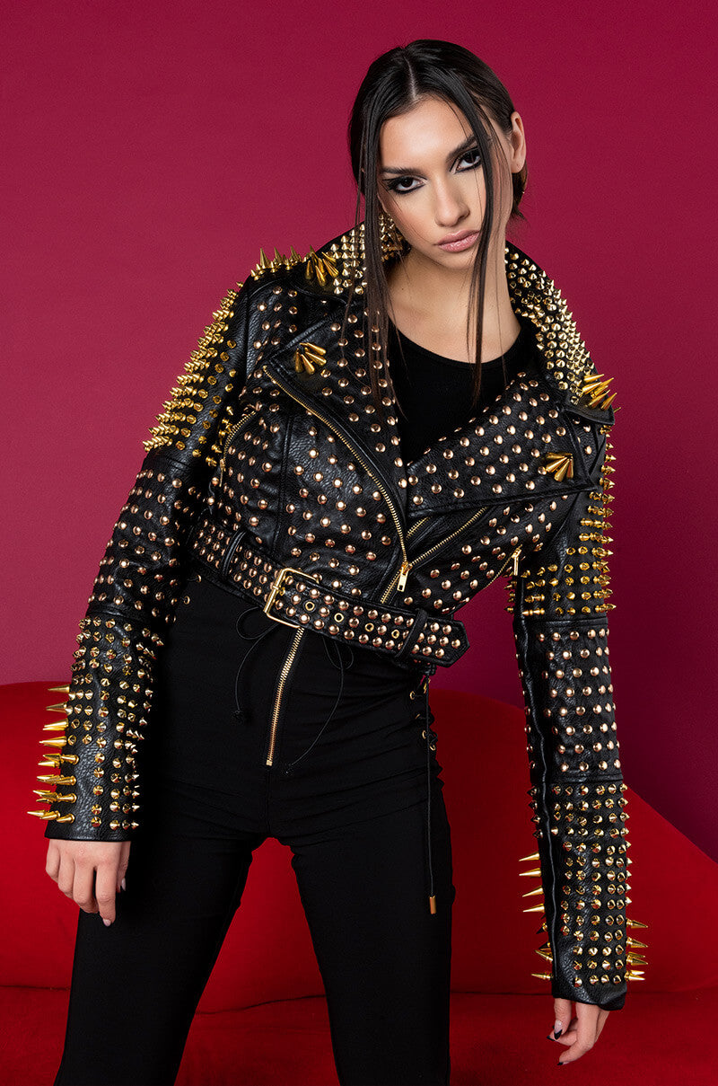 Side View Lucifer Gold Spike Stud Moto Jacket