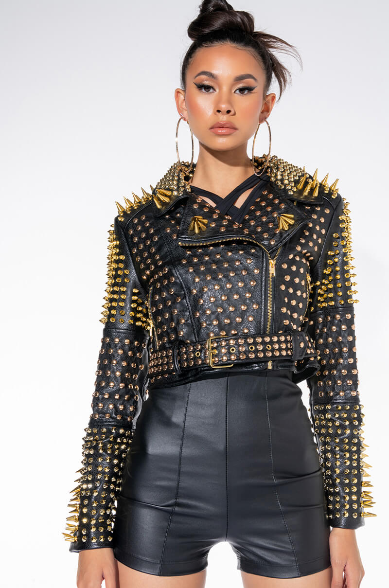 Side View Lucifer Gold Spike Stud Moto Jacket