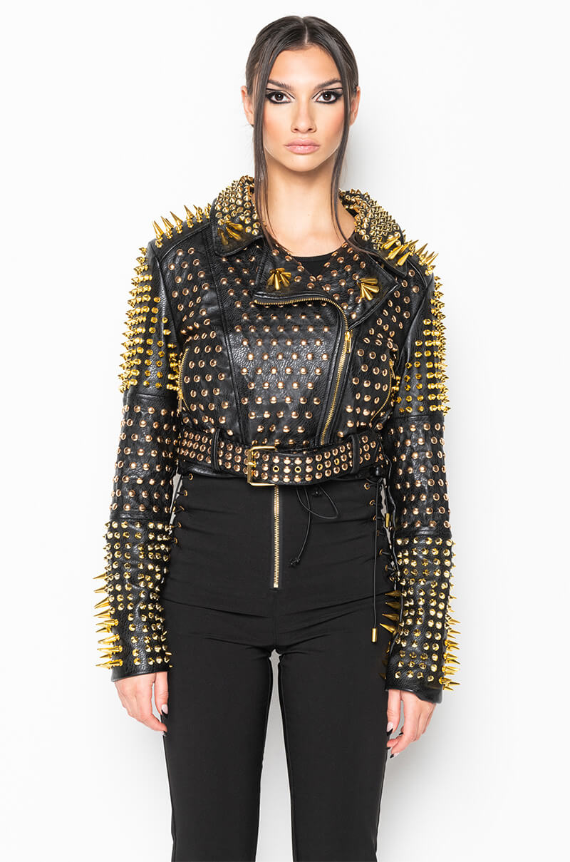 Back View Lucifer Gold Spike Stud Moto Jacket